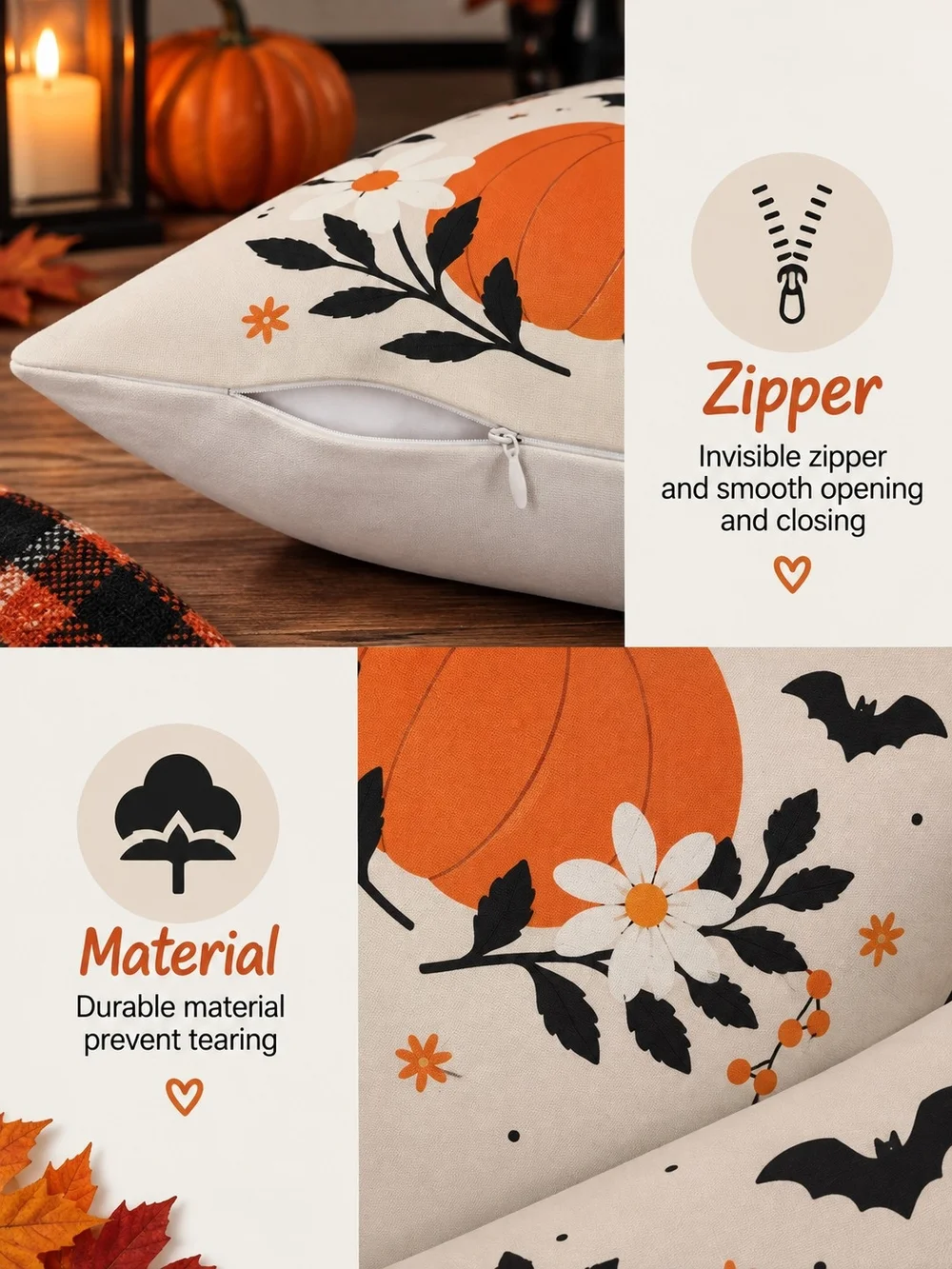 Halloween Pillow Covers Set of 4 Ghost Pumpkin Spooky Season Fall Decor 18x18